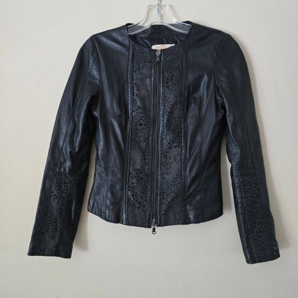 Antica Pelleria Italy Black Leather Laser Cut Eyelet Jacket‎ Women Size 42 Small - Picture 6 of 11